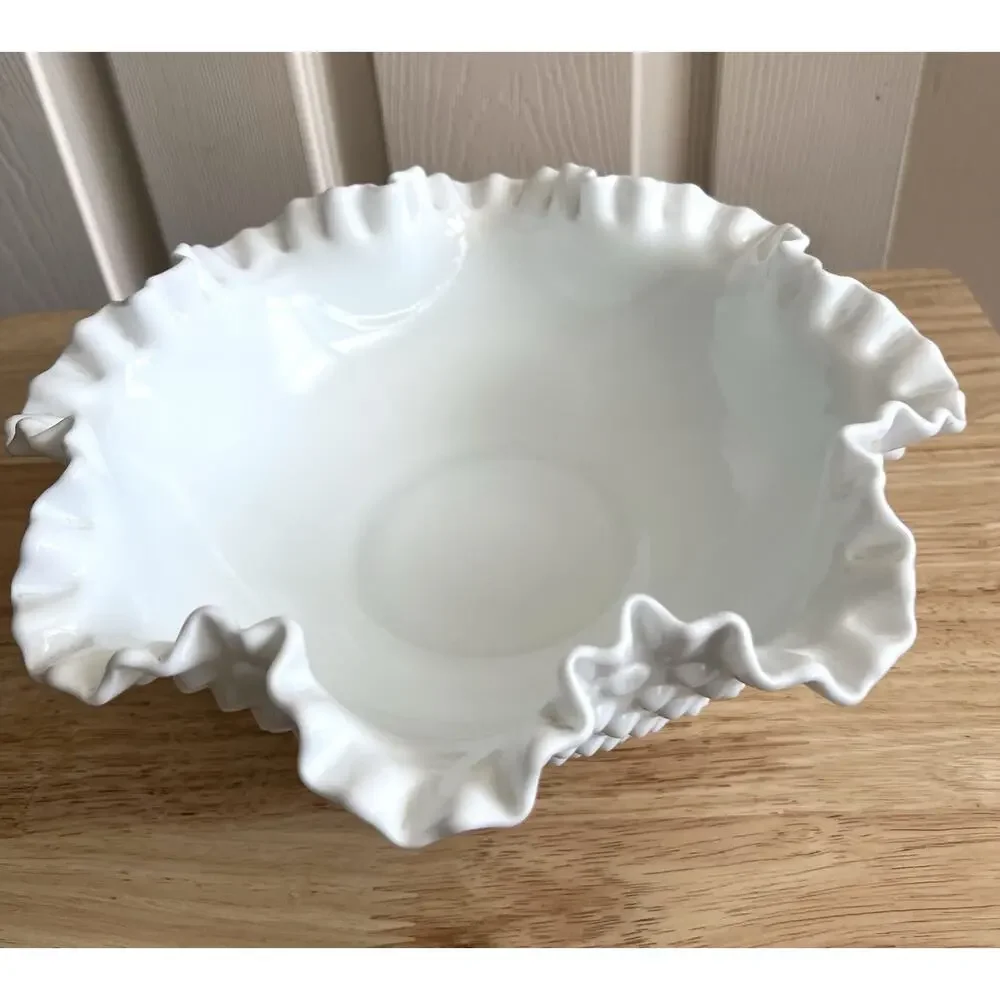 FENTON Vintage Milk Glass Round Hob Nail Double Crimped Ruffle Edge Lg Bowl 11